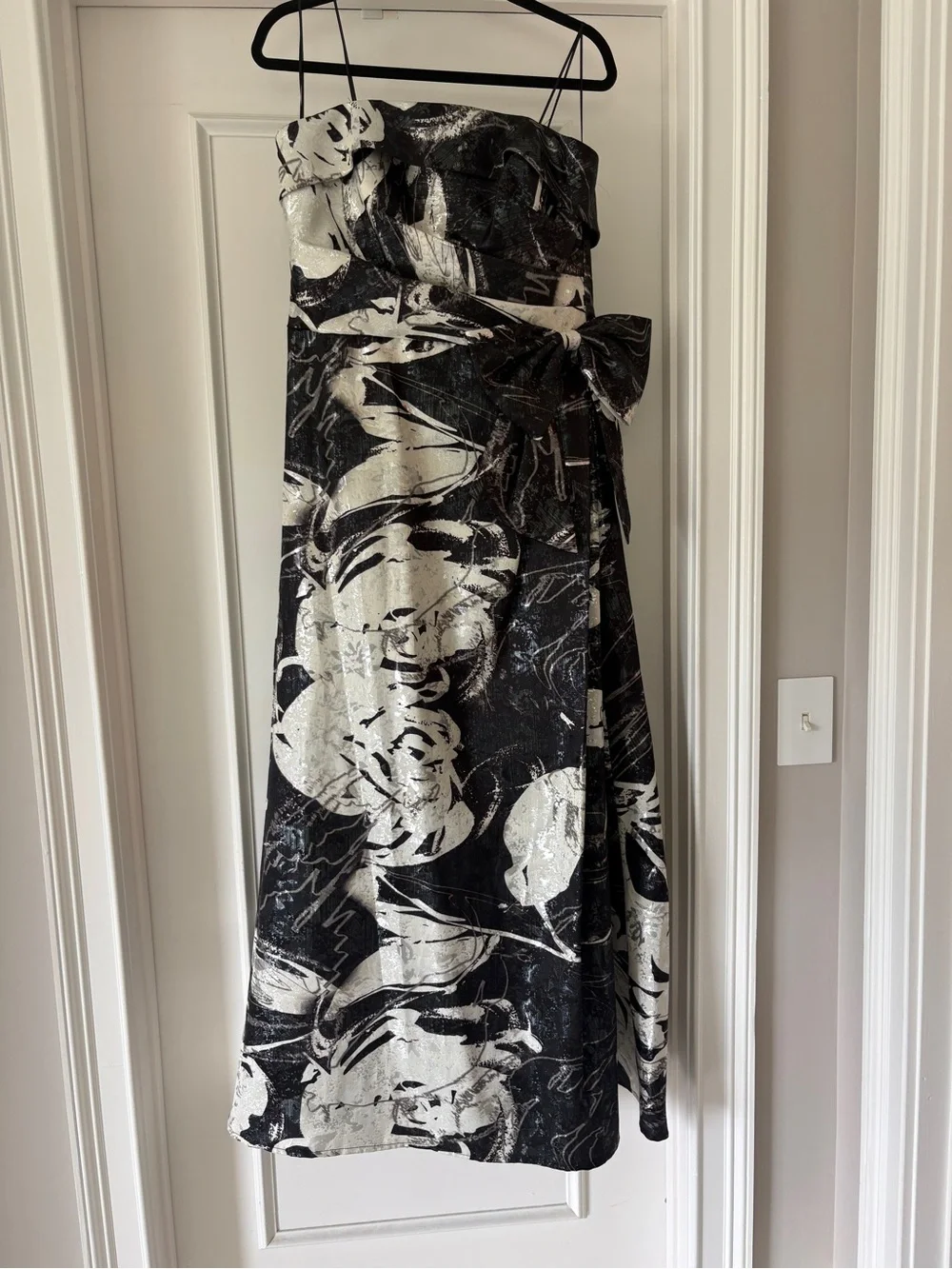Teri Jon Black, White & Silver Strapless Floral A-Line Dress with Side Bow